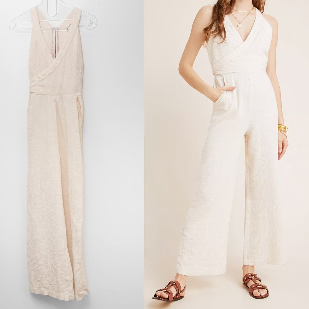 By Anthropologie Demi Textured Jumpsuit Sleeveless Cotton V-Neck Cream Size 2